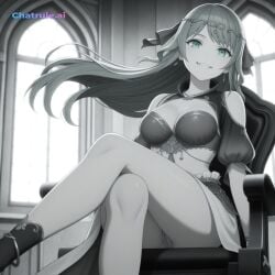 1girl ai_assisted ai_generated anime_screencap beautiful dancer day detailed_skin dress floating_hair general grayscale green_eyes green_hair grin high_contrast highres indoors jewelry long_hair looking_at_viewer no_nose official_art perfect_anatomy pussy sharp_teeth sitting_on_chair slit_pupils smug socks upskirt_view