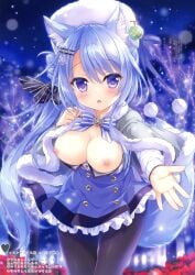 1girl ameto_yuki aqua_hair breasts breasts_out cape dress exposed_breasts female female_only flower frilled_dress frills hair_ornament hair_ribbon hat highres large_breasts long_hair night nipples open_clothes open_dress original pantyhose sitting skirt small_but_busty solo winter wolf_ears wolf_girl wolf_tail