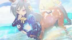 1boy 1girl animated animated_gif black_hair brushing centaur centauress closed_eyes horitomo monster_girl source_request taur