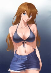 asuka_langley_sohryu big_breasts bikini bikini_top black_bikini blue_eyes freed_turing hair half-dressed long_hair looking_at_viewer orange_hair pose shorts smile tagme