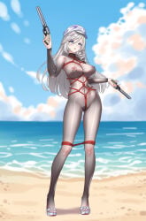 1girl absurdres beach black_bodysuit bodystocking bodysuit breasts commentary_request dual_wielding grey_eyes grey_hair gun hat highres holding holding_gun holding_weapon jiuyuan_(nte) jiuyuan_(self-discipline_time)_(nte) large_breasts long_hair looking_at_viewer navel neverness_to_everness nipple_piercing nipples official_alternate_costume open_mouth outdoors piercing purple_eyes sand see-through_bodystocking see-through_clothes shirt smile solo water weapon white_hat xiaoxi0619
