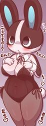 animal_crossing anthro big_breasts blush breasts bunnysuit dotty_(animal_crossing) female fur heart japanese_text nintendo rabbit slightly_chubby solo text thick_thighs urumin3939 video_games wide_hips