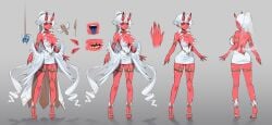 1girl akumi breasts character_sheet from_behind grey_background high_heels horns indie_virtual_youtuber jewelry long_hair multiple_views standing turnaround very_long_hair virtual_youtuber vyugen white_hair yoclesh