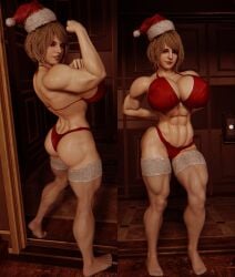 3d abs alternate_muscle_size ashley_graham christmas diag34k flexing muscular_female resident_evil santa_hat