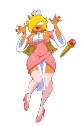 1girls blonde_hair breasts cleavage female female_only kamek koopa_girl long_hair mario_(series) minus8 mocking nintendo princess_peach_(cosplay) shiny_skin solo tagme thick_thighs thighs tongue tongue_out