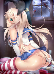 >_< anchor ass black_panties blonde_hair blue_eyes blush elbow_gloves female gloves hair_ornament hairband highres kantai_collection long_hair looking_at_viewer looking_back masturbation open_mouth panties personification pussy pussy_juice rensouhou-chan shimakaze_(kantai_collection) shirasaki_aloe skirt solo striped striped_legwear thighhighs underwear white_gloves