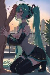1boy 1girl ahoge ai_generated aqua_nails black_footwear blush boots breasts breasts_outside detached_sleeves fellatio green_nails hatsune_miku headphones heart hetero hi_res high_quality high_resolution kneeling long_hair medium_breasts nail_polish nipples open_shirt oral patreon penis seductive sexy skirt squatting testicles thigh_boots thighhighs twintails uncensored vocaloid watermark zettai_ryouiki