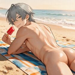 1boy ai_generated ass beach big_ass completely_naked completely_naked_male completely_nude completely_nude_male naked naked_male nipples nude nude_male outdoors outside popsicle provocative shiny_skin smile smiling smiling_at_viewer solo solo_male wise_(zenless_zone_zero) zenless_zone_zero