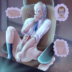 1boy 2026 black_socks blue_eyes blue_tie blush blush_lines blushing brown_hair cecil_stedman chair clothed clothing cock dick dildo dildo_in_ass dildo_insertion donald_ferguson erect_penis erection glasses hair invincible invincible_(comics) invincible_(tv_series) light-skinned_male light_skin long_hair male male_only masturbating masturbation office_clothing open_eyes open_mouth penis red_tie shirt short_hair sitting sitting_on_chair skinny sniffing sniffing_clothes socks solo solo_focus solo_male tie white_hair white_shirt