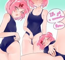 1girl 2d 2d_(artwork) 2d_artwork :o adjusting_clothes adjusting_swimsuit aegyo_sal ass bare_shoulders blue_one-piece_swimsuit blush bob_cut breasts clothes_lift commentary convenient_censoring covered_collarbone cowboy_shot ddlc doki_doki_literature_club embarrassed english_commentary explicit exspiravitbag eyelashes eyes_out_of_frame fang from_behind from_below frontal_wedgie frown furrowed_brow gradient_background green_background groin hair_intakes hair_ornament hair_ribbon hand_on_own_crotch head_out_of_frame hip_bones lifting_own_clothes looking_at_viewer looking_back looking_down loose_hair_strand natsuki_(doki_doki_literature_club) new_school_swimsuit nose_blush one-piece_swimsuit open_mouth outline petite pink_eyes pink_hair png public_indecency red_ribbon ribbon school_swimsuit serenity_forge short_hair skin_fang slit_pupils small_breasts solo_focus speech_bubble spread_legs sweatdrop swept_bangs swimsuit swimsuit_lift team_salvato twisted_torso two_side_up wavy_mouth wedgie white_background white_outline x_hair_ornament