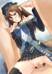 arks_trainee_female_uniform blush bra brown_eyes brown_hair censored cowgirl_position double_handjob female group_sex handjob hat highres long_hair male no_panties off_shoulder penis phantasy_star phantasy_star_online_2 pleated_skirt pubic_hair ryu-akt sex skirt straddle straddling straight sweat underwear