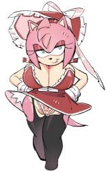 amy_rose big_breasts breasts breasts_bigger_than_head cnggu13 dress garter_straps green_eyes hand_on_hip hat huge_breasts lace-trimmed_panties panties pink_fur pussy_lips shortstack sonic_(series) sonic_the_hedgehog_(series) striped_panties thighhighs upskirt white_background