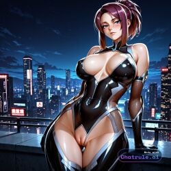 1girl 4k 8k ai_assisted ai_generated armor armpit_crease bare_shoulders black_bodysuit blue_eyes blush bokeh breasts_apart brown_hair city cityscape claire_redfield cleavage clouds cowboy_shot crotchless curvy dark_theme detailed_pussy elbow_gloves fishnets gloves gradient_background happy high_contrast kagami_hirotaka koukawa_oboro large_breasts leaning_back lips looking_at_viewer navel neon_lights night night_sky nose outdoors ponytail resident_evil simple_background soft_shading taimanin_asagi_zero taimanin_suit thigh_gap visible_pussy wide_hips