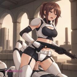 1girls ai_assisted ai_generated armor black_gloves black_shorts cock_in_pussy collar cowgirl creampie crop_top elbow_gloves embarrassed gun handgun harness helmet holding holding_gun holding_weapon indoors inside leaning_forward looking_at_viewer midriff moaning outside parted_bangs pussy_sex rolling_eyes ruins saliva science_fiction shaking short_shorts shotgun side_view skirt solo source_anime standing stockings thigh_boots tree unworn_headwear white_shirt