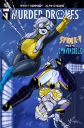 2girls artist_signature black_bow collaboration comic cyn_(murder_drones) detailed_background gray_hair image_comics invincible invincible_(superhero) marvel_comics parody partially_clothed robot robot_girl robot_humanoid rod_akihiro shellstro spider-man superheroine tagme v_(murder_drones) white_body