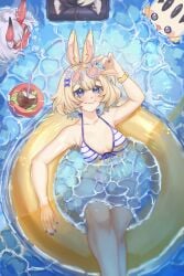 1girl afloat bikini blonde_hair blue_eyes blue_nails breasts cleavage fingernails food from_above hair_ornament indie_virtual_youtuber innertube jewelry large_breasts looking_at_viewer nail_polish partially_submerged purple_eyes purple_nails short_hair smile striped sunglasses swimsuit toenail_polish virtual_youtuber vyugen water yenko