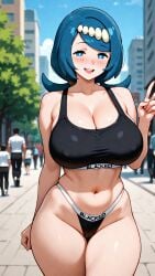 1girls ai_generated blacked blacked_clothing blue_eyes blue_hair blurry_background clothed clothed_female clothing creatures_(company) detailed_background female game_freak lana's_mother_(pokemon) light-skinned_female light_skin looking_at_viewer nintendo outdoors pokemon pokemon_sm_(anime) public self_upload sports_bra thong underwear