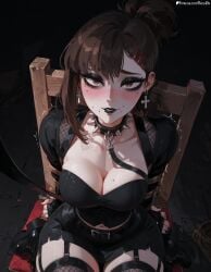1girl ai_generated arms_behind_back bdsm biting_own_lip black_lips black_thighhighs blush bondage bound breasts brown_eyes brown_hair chainsaw_man chair cleavage collar cross cross_earrings earrings eyeshadow fingerless_gloves fishnets fresk0n garter_straps gloves goth_fashion hair_ornament hairclip higashiyama_kobeni jewelry kobeni_higashiyama large_breasts leash looking_at_viewer makeup mole mole_on_breast mole_under_eye mole_under_mouth multiple_moles navel patreon_username piercing restrained rope runny_makeup short_ponytail sitting skirt solo spiked_collar spikes thighhighs