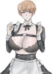 alternate_costume big_breasts blue_eyes cleavage d'arce fear_and_hunger female female_only maid maid_uniform orange_hair pale-skinned_female pale_skin short_hair solo very_short_hair