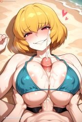 1girl ai_assisted ai_generated beach big_boobs blonde_hair cock_between_boobs cum_eruption cum_explosion cumshot love paizuri red_eyes sand shiny_boobs straddling_paizuri titfuck titjob
