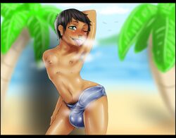 1boy arm_up armpit_hair balls beach big_balls big_penis big_testicles black_border black_hair blush bulge clothed/nude covered_penis dark-skinned_femboy dark-skinned_male dark_skin ear_piercing earrings erection erection_under_clothes femboy green_hair hairy human looking_at_viewer male male_only musk nipples nose_piercing octoboy open_mouth outdoors penis piercings pubes pubic_hair short_hair solo sweat sweaty swimsuit testicles tongue tongue_out topless twink wink