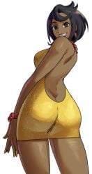 1girls ass ass_focus black_eyes black_hair bracelet dark-skinned_female dark_skin dress female female_focus female_only lipstick looking_at_viewer looking_back nail_polish olivia_(pokemon) pokemon pokemon_sm tagme wanderjegson white_background yellow_nails