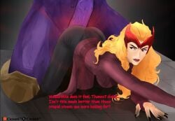 1girls 1monster alien artist: big_penis cuyan67 jeans magic marvel marvel_rivals purple_skin red_dress red_eyes scarlet_witch size_difference thanos wanda_maximoff yellow_hair