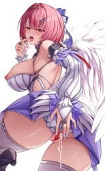 1girl absurdres ass back bare_shoulders blush bow breasts censored chien_zero commentary_request cum cum_in_pussy cum_overflow detached_sleeves feathered_wings hair_bow hair_ornament hairclip high_heels highres large_breasts large_variant_set looking_at_viewer mole mole_on_breast mosaic_censoring nipples open_mouth pink_eyes pink_hair pussy remielle_dan solo tongue tongue_out variant_set white_background white_wings wings zenless_zone_zero