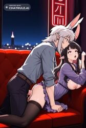 1girl 1girl1boy 8k ahegao_face ai_assisted ai_generated backless_dress black_trim body_freckles breasts_out choker chromatic_aberration creampie cute_girl detailed_body doggy_style doggy_style_sex earrings freckles game_cg game_screenshot high_quality highres kissing large_breasts large_cock link lots_of_cum man moaning night_time pointy_ears purple_dress purple_panties rabbit_ears rabbit_girl scenery short_dress side_view swept_bangs toned unhappy white_hair wide_eyed zettai_ryouiki