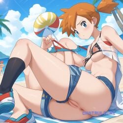 1girl ai_assisted ai_generated anus armpit bare_shoulders beach belly_button black_lingerie black_thigh_socks blue_eyes bra_slip cardigan close_up crop_top denim_shorts earrings feet girl jewelry leg_up lingerie looking_at_viewer misty_(pokemon) naked nipple nipples orange_hair panty_pull pussy ring sea shoes sitting solo source_anime standing towel under_boob underwear_pull view_from_below