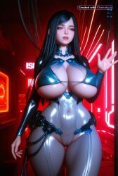 1girl 3d ai_assisted ai_generated aroused_expression bikini black_hair blue_eyes blush curvy cyberpunk embarrassed enormous_breasts enormous_hips enormous_thighs gigantic_breasts horny in_heat indoors long_hair makeup massive_breasts moaning mole_under_eye no_nose photorealistic raven realistic scenery skin_tight tiny_waist uncensored underboob voluptuous whore wire