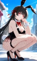 1girl 1girls ai ai_art ai_generated black_hair bunny_ears bunny_girl bunny_tail bunnysuit chisa_(wuthering_waves) female_only fishnet_legwear fishnet_thighhighs high_heels impacter red_eyes solo solo_female solo_focus white_pupils wuthering_waves