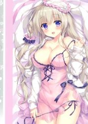 1girl ameto_yuki ass_visible_through_thighs babydoll blush braided_hair breasts bunny_ears cameltoe frilled_skirt frills hair_ornament highres large_breasts nipples nipples_visible_through_clothing original panties panties_down panties_pull rabbit_ears rabbit_girl see-through see-through_clothing see-through_dress side-tie_panties side_braid sleep_mask underwear wet wet_shirt white_hair