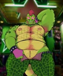 5:6 alligator alligatorid animal_genitalia anthro armpit_hair belly_hair bite biting_lip body_hair bottomwear bracelet chest_hair clothed clothing crocodilian eyewear fingerless_gloves fishnet_clothing fishnet_shirt fishnet_topwear five_nights_at_freddy's five_nights_at_freddy's:_security_breach genital_slit genitals glasses gloves hand_behind_head handwear hi_res jewelry looking_at_viewer male mixed_media mohawk montgomery_gator musclegut muscular newmoonnsfw nipples open_bottomwear open_clothing open_pants pants photo_background photography_(artwork) presenting_genital_slit pubes reptile scalie scottgames shirt solo spiked_bracelet spikes steel_wool_studios tongue tongue_out topwear wearing_glasses