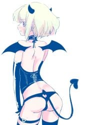 1boy 1femboy androgynous ass ass_focus back_view blonde_hair blush bob_cut clothing crossdressing demon demon_boy demon_costume demon_horns demon_tail demon_wings femboy femboy_only feminine_faced_male feminine_male incubus lio_fotia male petite petite_body petite_male promare short_hair short_male slim slim_male slim_waist solo succubus succubus_horns succubus_tail thigh_strap thin_waist twink