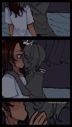 blue_eyes brown_hair brown_skin eyes_closed grey_body grey_hair jericho_ichabod kissing shocked the_kid_at_the_back