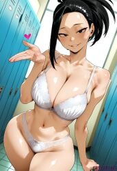 1girl ai_generated bare_shoulders black_eyes black_hair blush boku_no_hero_academia bra breasts cleavage collarbone hair_pulled_back hand_up heart indoors large_breasts locker locker_room looking_at_viewer momo_yaoyorozu my_hero_academia navel panties parted_lips ponytail reviaiart smile solo stomach thighs underwear underwear_only white_bra white_panties yaoyorozu_momo