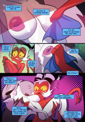absurd_res big_penis bodily_fluids breasts canid canid_demon canine cleaning clenched_teeth comic cum demon female genital_fluids genitals hellaverse hellhound helluva_boss hi_res imp kato777 loona_(helluva_boss) male mammal moxxie_(helluva_boss) mythological_canine mythological_creature mythology nipples nude penis simple_background sweat teeth text