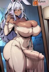 ai_generated balls big_balls big_breasts big_bulge big_penis bulge bunny_ears color dress futa_only futanari hi_res huge_cock large_breasts long_hair luma_(lumarabbit) lumarabbit massive_penis nipple_bulge selfie short_hair smartphone solo solo_futa thick_thighs trend