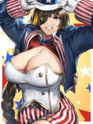 1girls 4th_of_july american_flag_print big_breasts braid breasts brown_eyes brown_hair cleavage eyebrows eyebrows_visible_through_hair eyelashes eyepatch female female_focus female_only girls'_frontline hat huge_breasts large_breasts light-skinned_female light_skin long_hair looking_at_viewer m16a1_(girls'_frontline) mole mole_under_eye novum solo solo_female solo_focus yellow_highlights