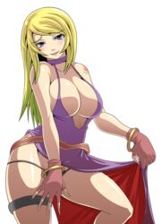 1girls big_breasts blonde_hair blue_eyes bonne_jenet breasts busty cleavage dress fatal_fury female female_only fingerless_gloves garou:_mark_of_the_wolves king_of_fighters large_breasts legs looking_at_viewer smile snk solo thighs thong voluptuous