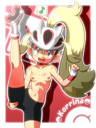 1girls areolae bike_helmet blonde_hair breasts collarbone erect_nipples female gym_leader happy helmet korrina_(pokemon) midriff nintendo nipples pokemon pokemon_xy roller_skates rorretsim shiny shiny_skin small_breasts solo topless