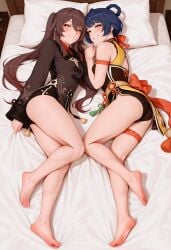 2d 2girls above_view ai_assisted ai_generated anime_style blue_hair blush brown_hair dressed duo feet female female_only galaktika73 hu_tao_(genshin_impact) long_hair looking_at_viewer lying lying_on_bed medium_hair petite_body seductive seductive_look sfw slim woman xiangling_(genshin_impact)