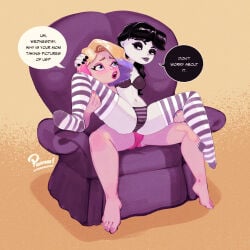 black_hair blonde_hair blue_highlights chair enid_sinclair holding_legs long_socks multicolored_hair panties pinafore_(artist) pink_highlights pink_panties speech_bubble stripped_panties stripped_socks the_addams_family wednesday_(netflix) wednesday_addams yuri