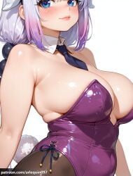 1girl aged_up ai_generated alternate_breast_size arlequin097 armpit_crease bare_shoulders black_hairband black_pantyhose blue_eyes blunt_bangs blush breasts cleavage closed_mouth covered_navel detached_collar fake_tail gradient_hair hair_beads hair_ornament hairband kanna_kamui large_breasts leotard lips long_hair looking_at_viewer miss_kobayashi's_dragon_maid multicolored_hair necktie pantyhose playboy_bunny plump purple_hair purple_leotard rabbit_tail short_necktie side-tie_leotard simple_background skindentation smile solo strapless strapless_leotard tail white_background