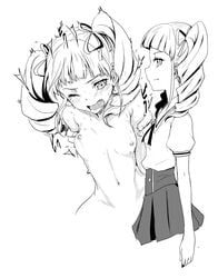 aikatsu! blush clearite cute_fang drill_hair female hair_ribbon long_hair monochrome nude open_mouth profile ribbon school_uniform sketch skirt smile solo tears toudou_yurika trembling twin_drills wince