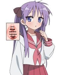 1girl bar_censor blue_eyes blush censored clitoral_hood clitoris commentary_request dot_nose erect_clitoris gaping hair_ornament highres hiiragi_kagami large_clitoris long_hair lucky_star multiple_views neckerchief parted_lips pleated_skirt purple_hair pussy ribbon ryouou_school_uniform school_uniform serafuku skirt spread_pussy tamaya twintails