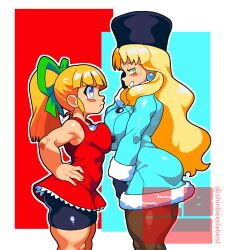 2girls alternate_breast_size_(larger) angry aqua_coat artist_name ass asymmetrical_docking bare_arms bare_shoulders bike_shorts blonde_hair blue_eyes blush breast_contest breast_press breasts brown_pantyhose coat commentary dress earrings english_commentary face-to-face from_side fur_hat fur_trim gloves green_eyes green_ribbon hair_ribbon hand_on_own_cheek hand_on_own_face hand_on_own_hip hand_up hands_on_own_hips hat highres jewelry kalinka_cossack legs_together long_hair looking_at_another mega_man mega_man_(classic) multiple_girls pantyhose papakha ponytail red_dress ribbon robot_girl roll shinbeedabest smile standing thick_thighs thighs very_long_hair white_gloves