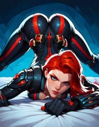 ai_generated ass_up black_bodysuit black_widow_(marvel) black_widow_(marvel_rivals) red_hair