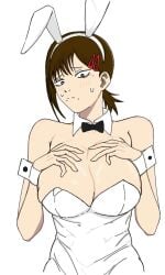 1girls blush blushing bowtie brown_hair bunny_ears chainsaw_man cleavage cuffs_(clothing) eyebrows eyelashes fake_animal_ears fake_bunny_ears female female_focus female_only hairclip hand_on_own_chest higashiyama_kobeni light-skinned_female light_skin mole mole_under_eye playboy_bunny simple_background solo solo_female solo_focus sweatdrop upper_body white_background white_bunnysuit